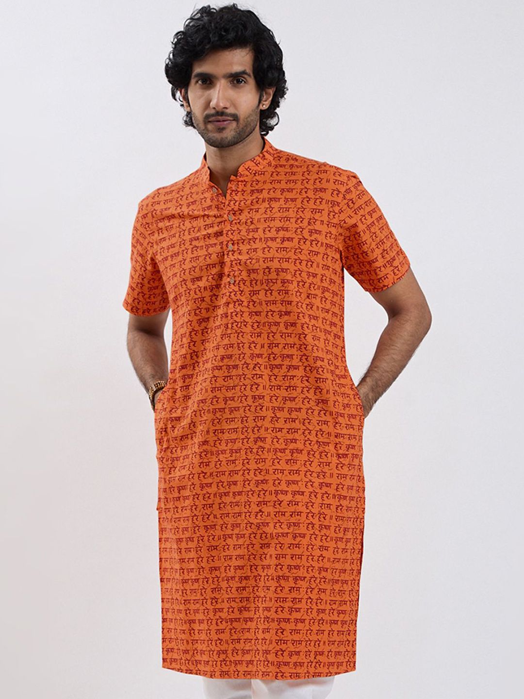 VASTRAMAY Ethnic Hare Krishna Hare Ram Printed Mandarin Collar Cotton Straight Kurta