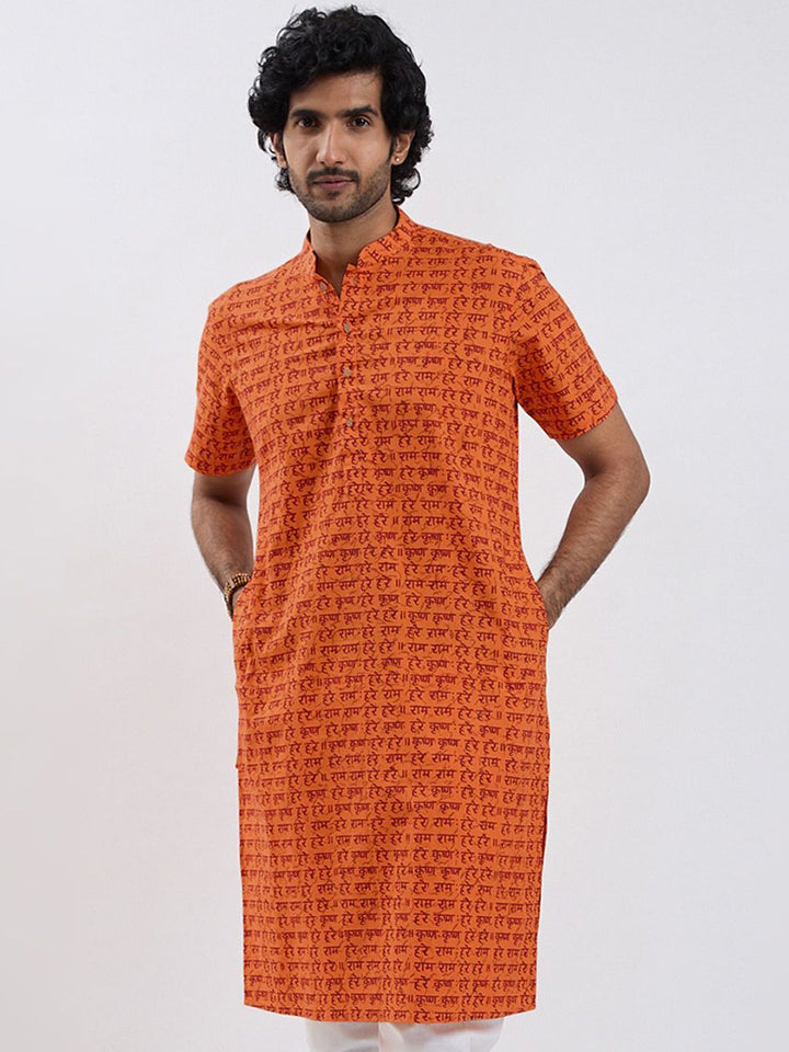 VASTRAMAY Ethnic Hare Krishna Hare Ram Printed Mandarin Collar Cotton Straight Kurta