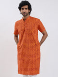 VASTRAMAY Ethnic Hare Krishna Hare Ram Printed Mandarin Collar Cotton Straight Kurta
