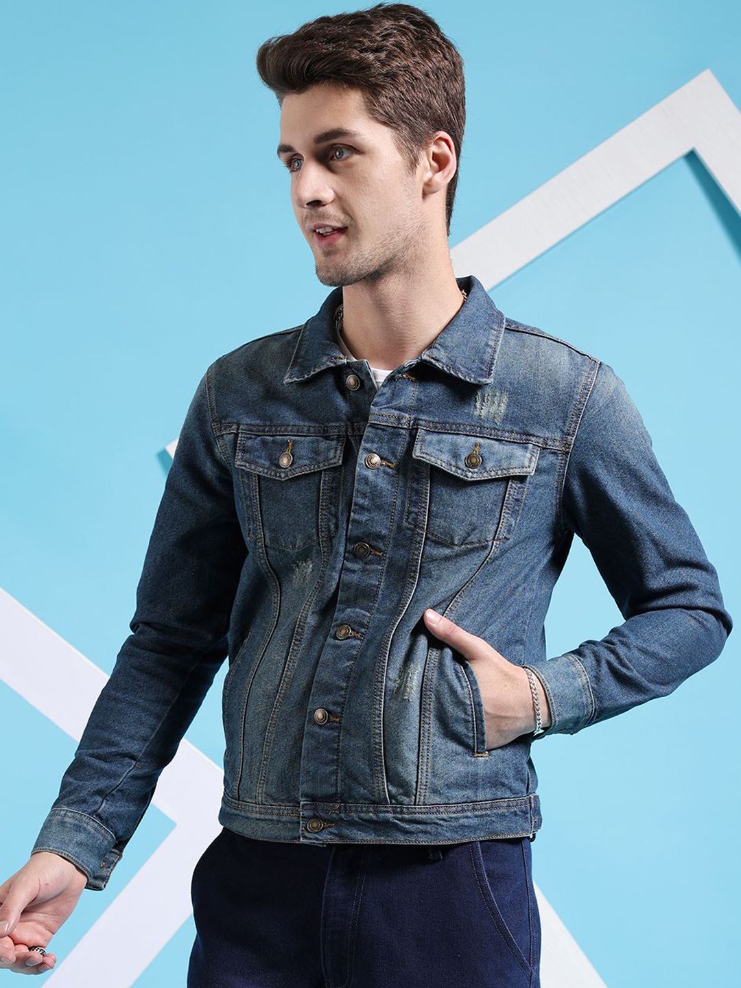 The Indian Garage Co Men Slim Fit Denim Trucker Jacket