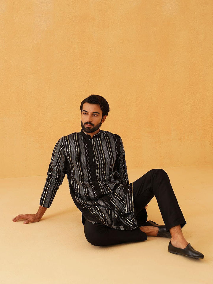 SOJANYA LUXE Striped Embroidered Sequinned Georgette Straight Kurta With Trousers