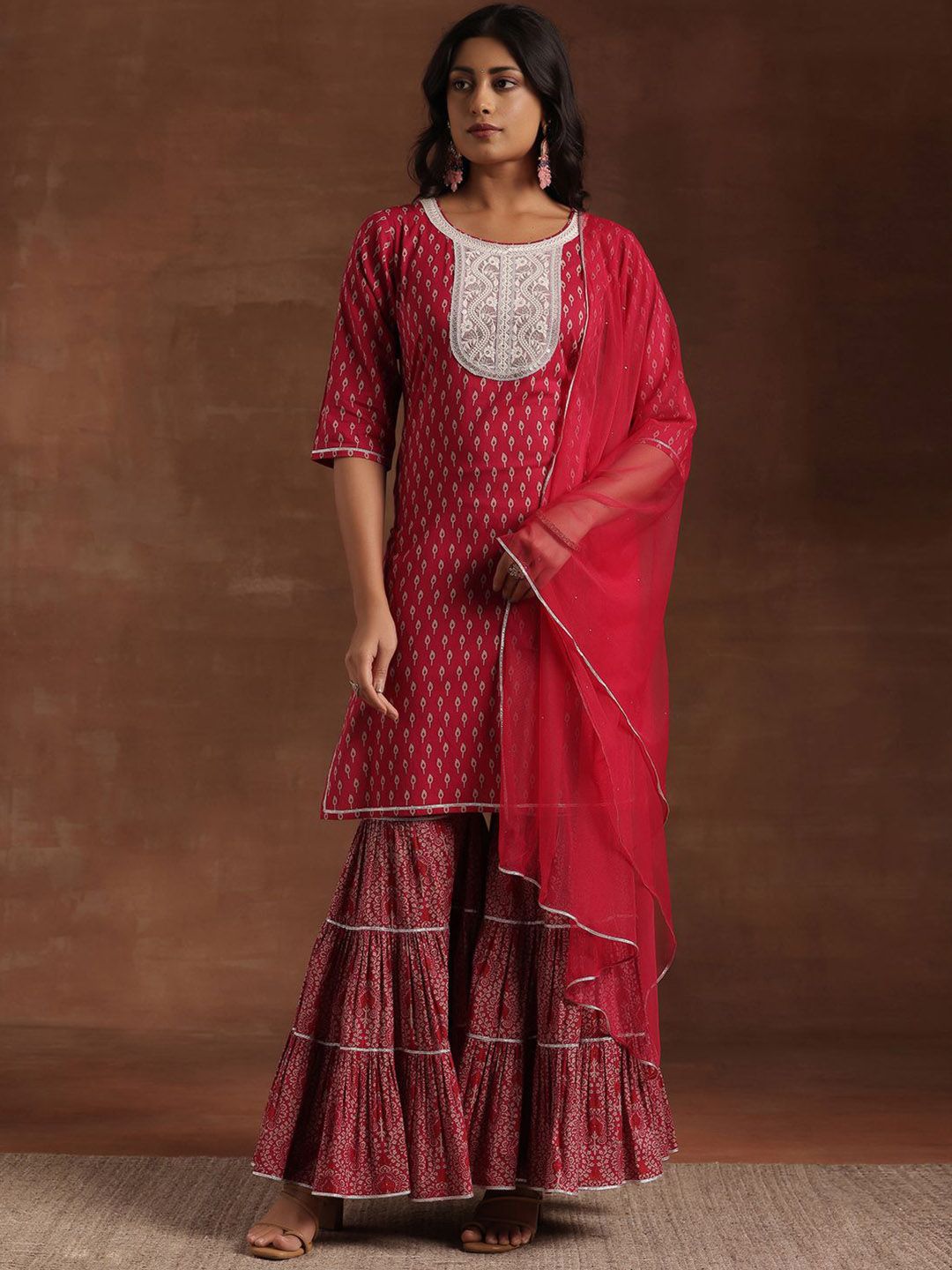 Libas Ethnic Motifs Printed Thread Work Pure Cotton Kurta with Sharara & Dupatta