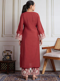 House of Pataudi Floral Embroidered Flared Sleeves Round Neck Straight Kurta With Trouser