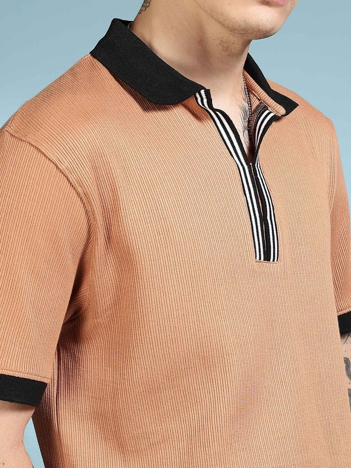 Eszett Korean Textured Fabric Self Design Cotton Polo Collar Short Sleeves T-shirt