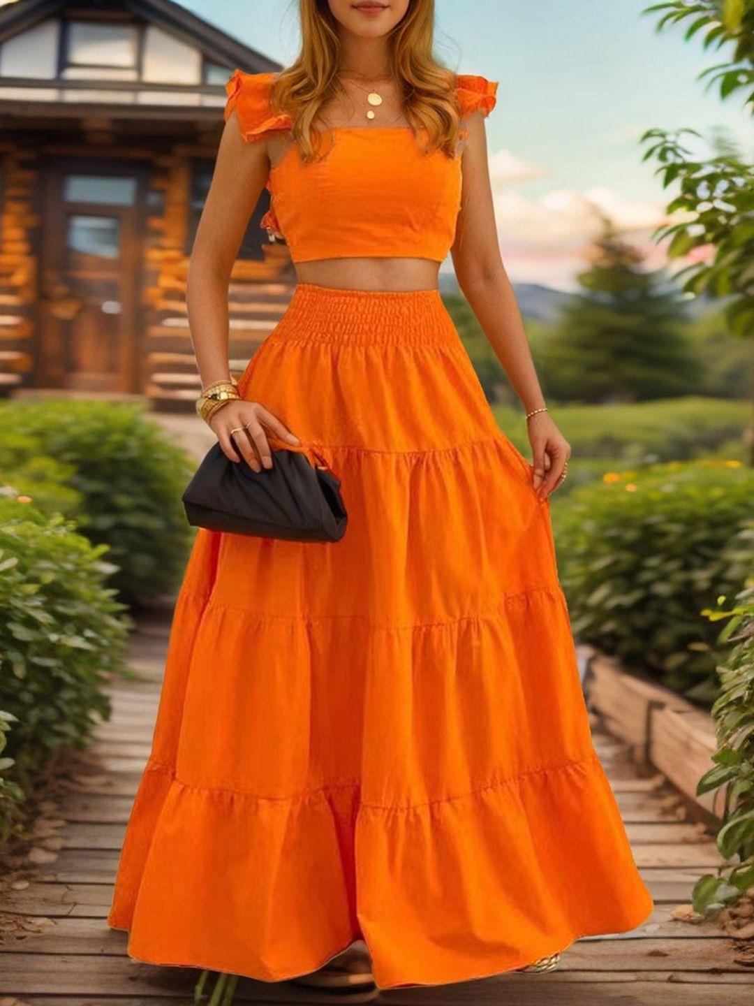 DressBerry Square Neck Top with Skirt Co-Ords Set