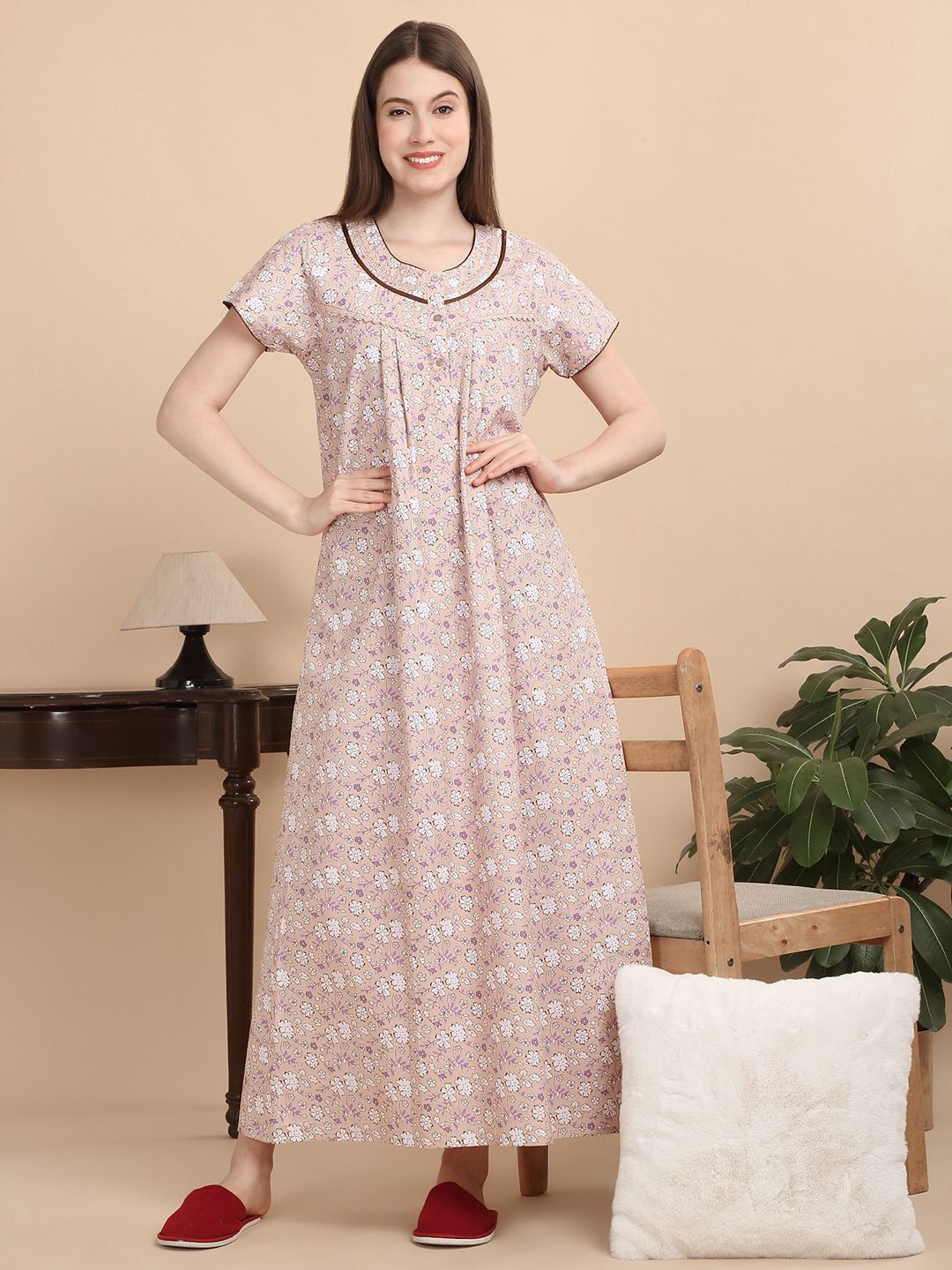 Sweet Dreams Women Round Neck Pure Cotton Nightdress