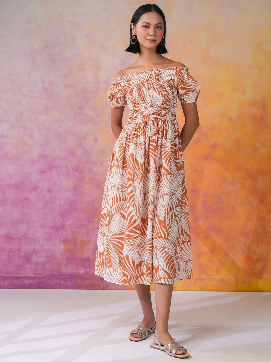 Sanskrutihomes Wanita Bercetak Kapas Bercetak Fit & Flare Dress