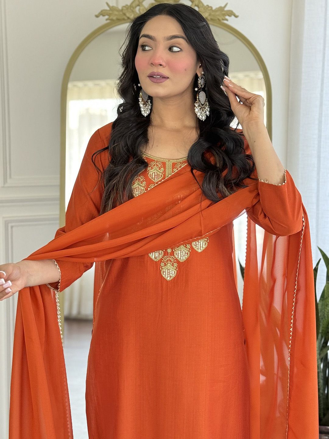 KALINI Women Ethnic Motifs Embroidered Thread Work Pure Silk Kurta with Trousers & Dupatta