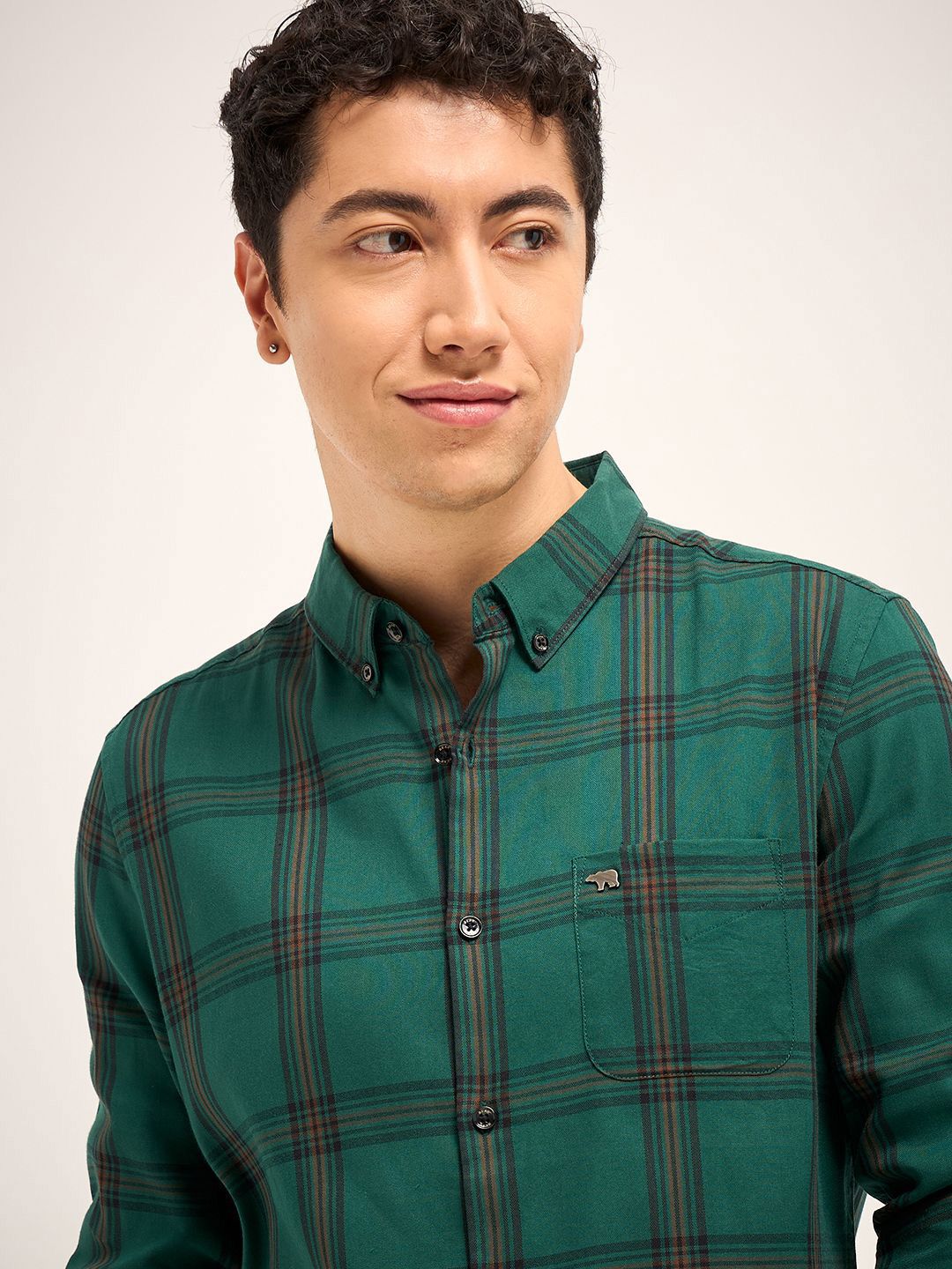 THE BEAR HOUSE Men Button-Down Collar Checked Cotton Slim Fit Casual Shirt