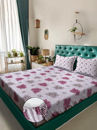 KLOTTHE Ungu & Putih Bunga 400 TC Cadar King dengan 2 Sarung Bantal