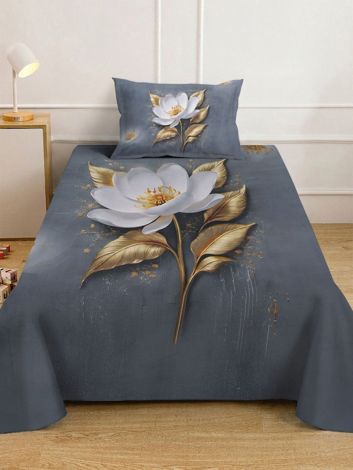 KLOTTHE Grey Floral Flat 400 TC Single 7D Bedsheet with 1 Pillow Covers