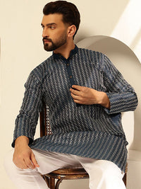 SOJANYA Geometric Embroidered Band Collar Thread Work Straight Cotton Silk Kurta