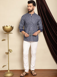 Anouk Navy Blue Ethnic Motifs Printed Band Collar Short Kurta