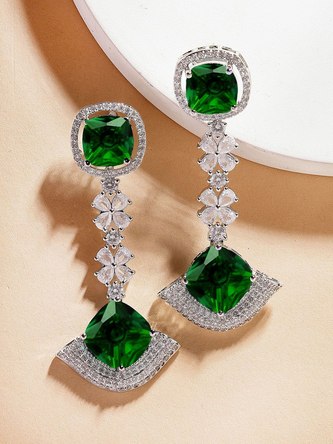 KARATCART Silver-Plated American Diamond Stone Studded Contemporary Drop Earrings