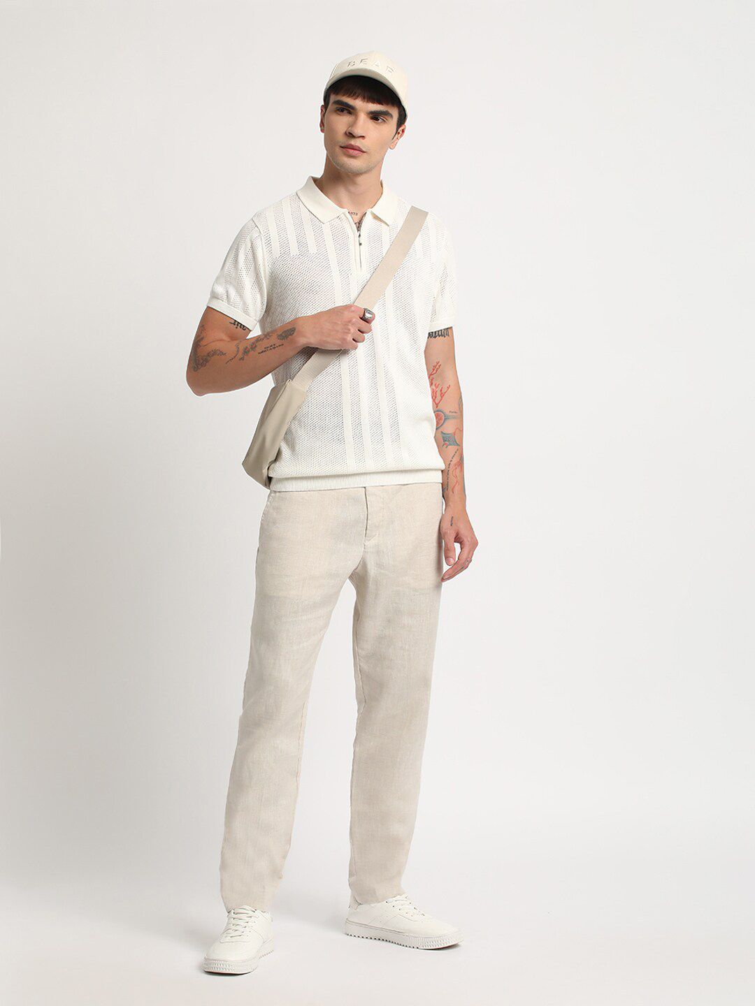 THE BEAR HOUSE Self Design Relaxed Fit Cotton Polo Collar T-shirt
