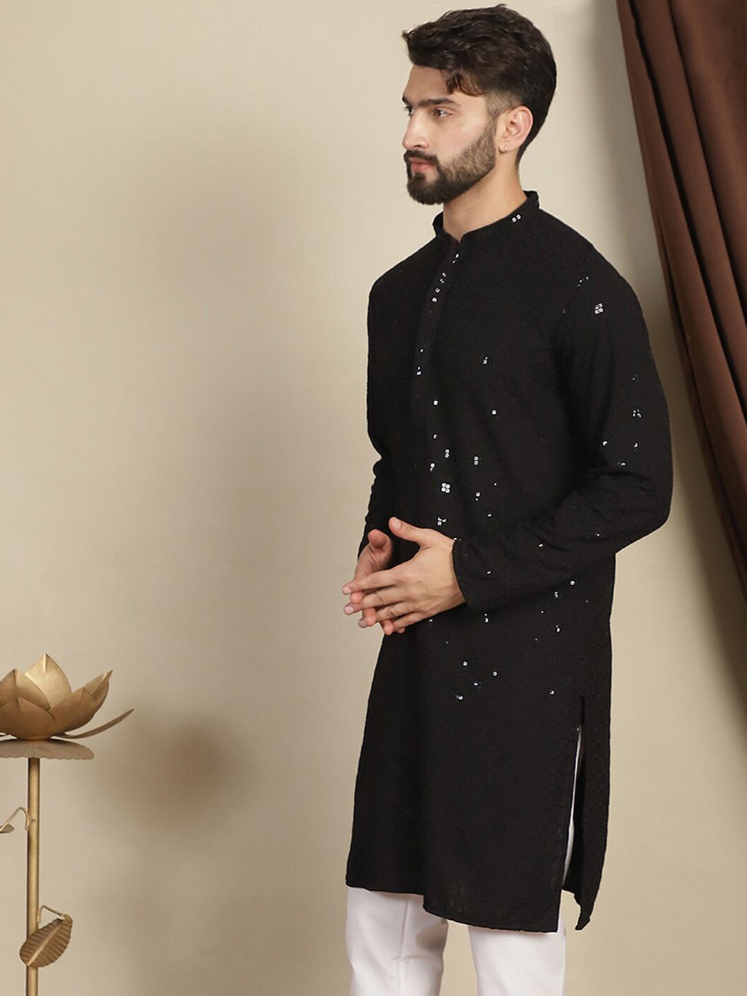 Anouk Ethnic Motifs Sequinned Pure Cotton Straight Kurta