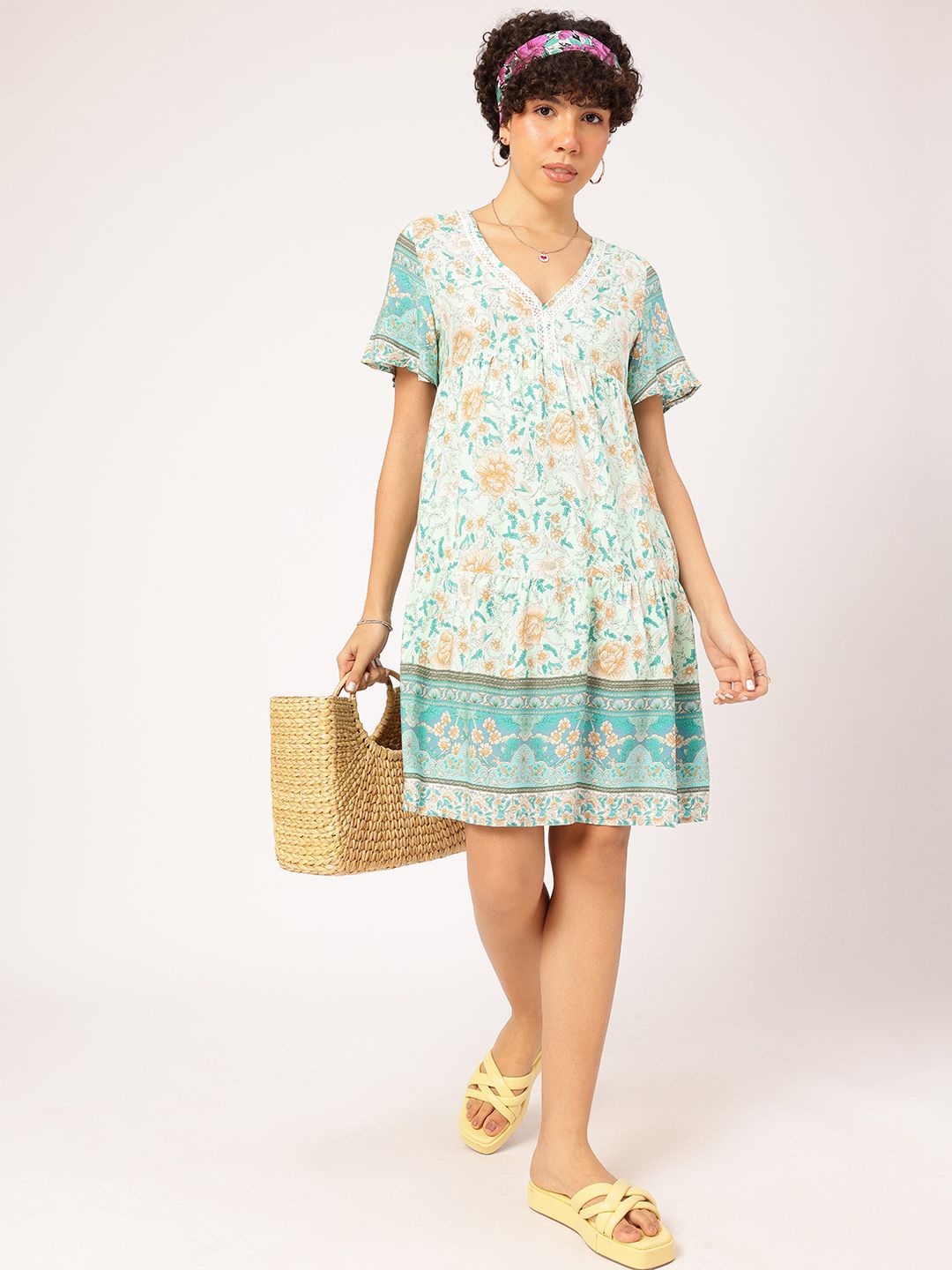 DressBerry Floral Frenzy Printed Lace Inserts Tiered Sheath Dress