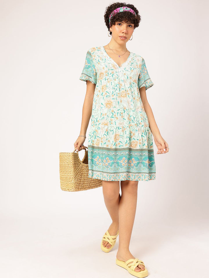 DressBerry Floral Frenzy Printed Lace Inserts Tiered Sheath Dress