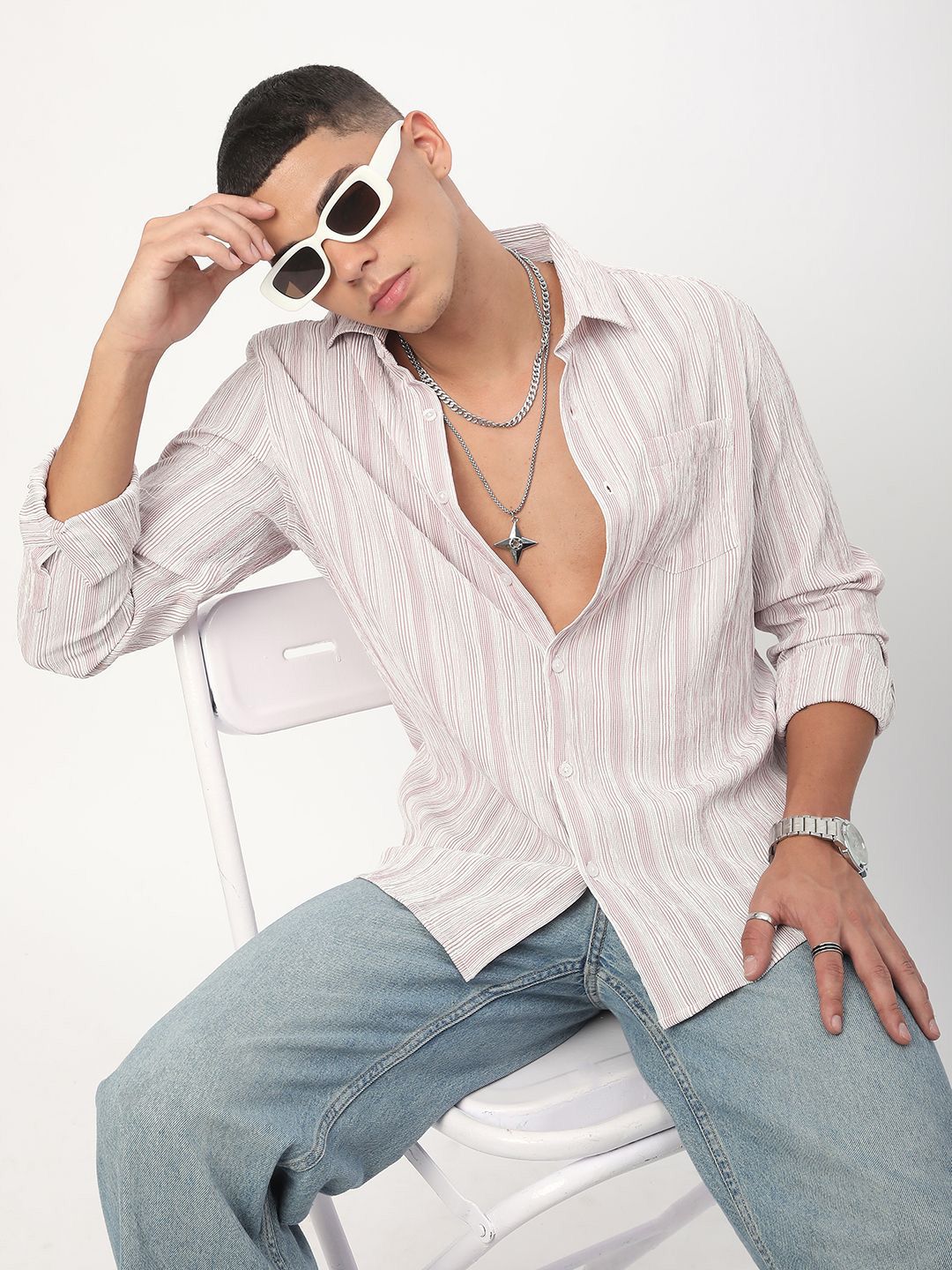 VASTRADO Men Classic Slim Fit Pinstripes Opaque Striped Casual Shirt