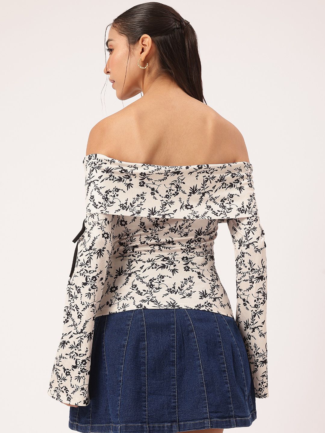 DressBerry Floral Femme Off-Shoulder Bow Detail Bardot Top