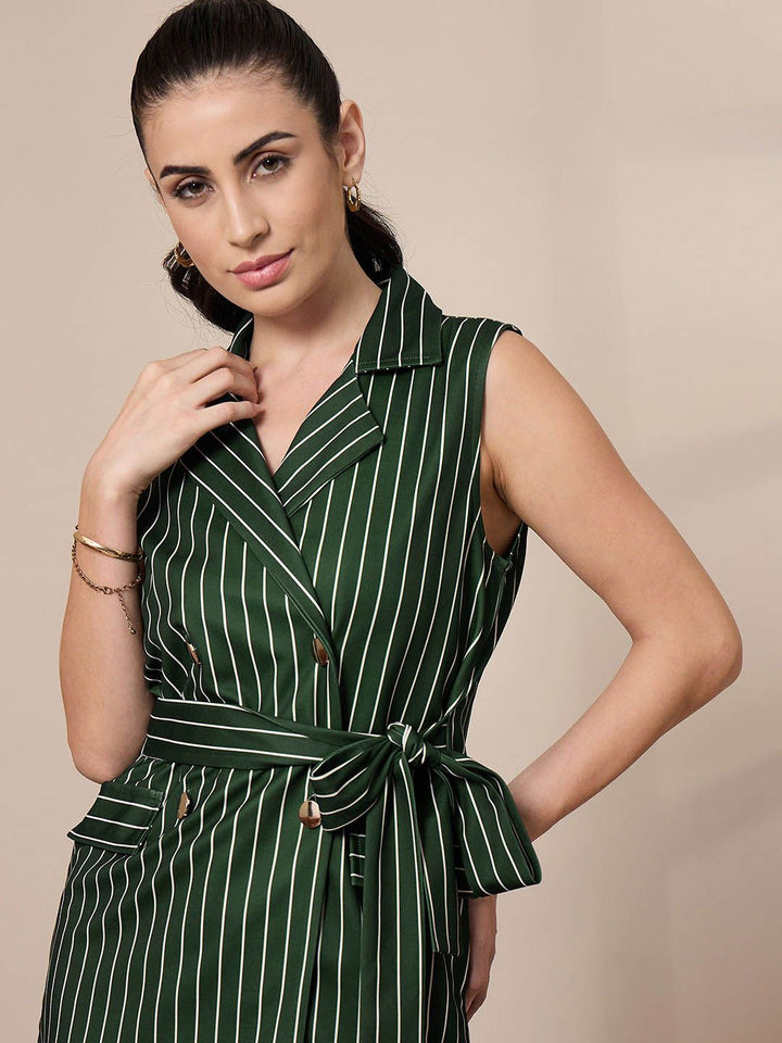 SASSAFRAS worklyf Vertical Striped Sleeveless Double Breasted Front Tie Up Blazer