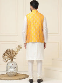 SOJANYA Mandarin Collar Silk Cotton Straight Kurta with Churidar & Nehru jacket