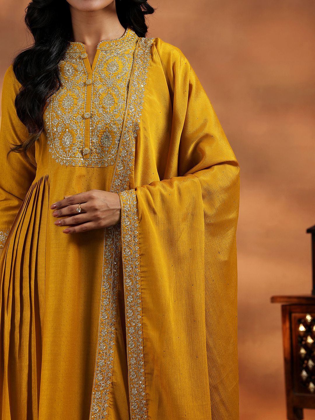 Libas Floral Embroidered Zari Yoke Design Panelled A Line Kurta with Palazzos & Dupatta