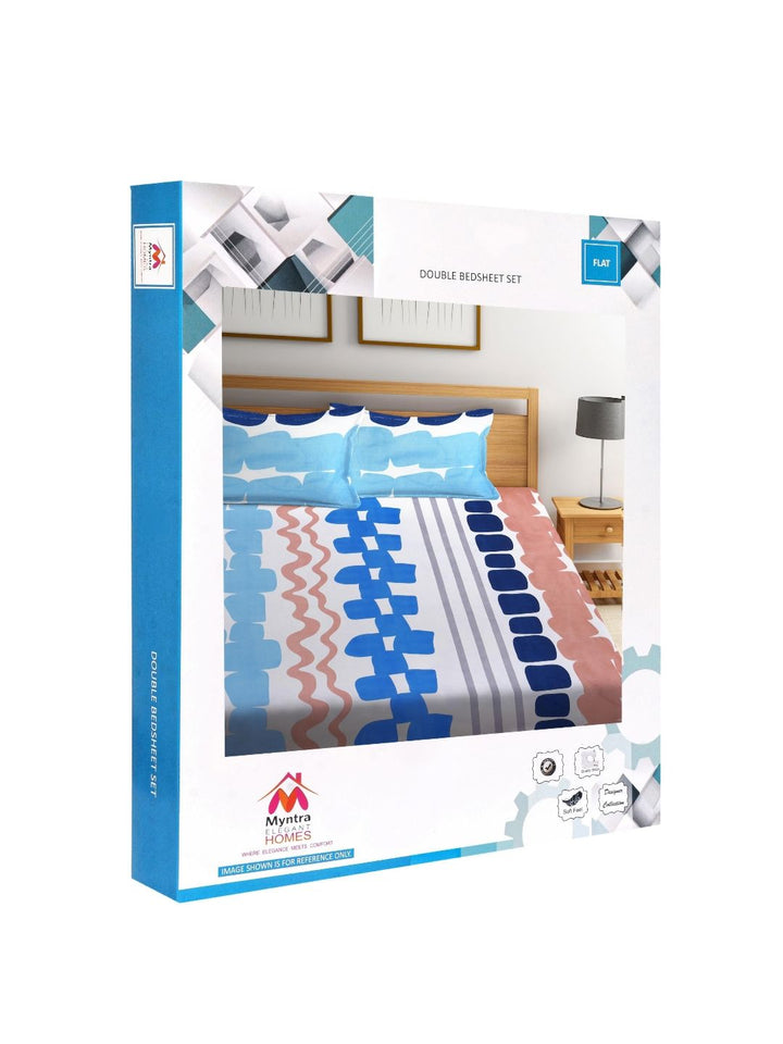 Myntra Elegant Homes Blue Abstract Cotton 300 TC King Fine Bedsheet with 2 Pillow Covers-96 x 89 inches