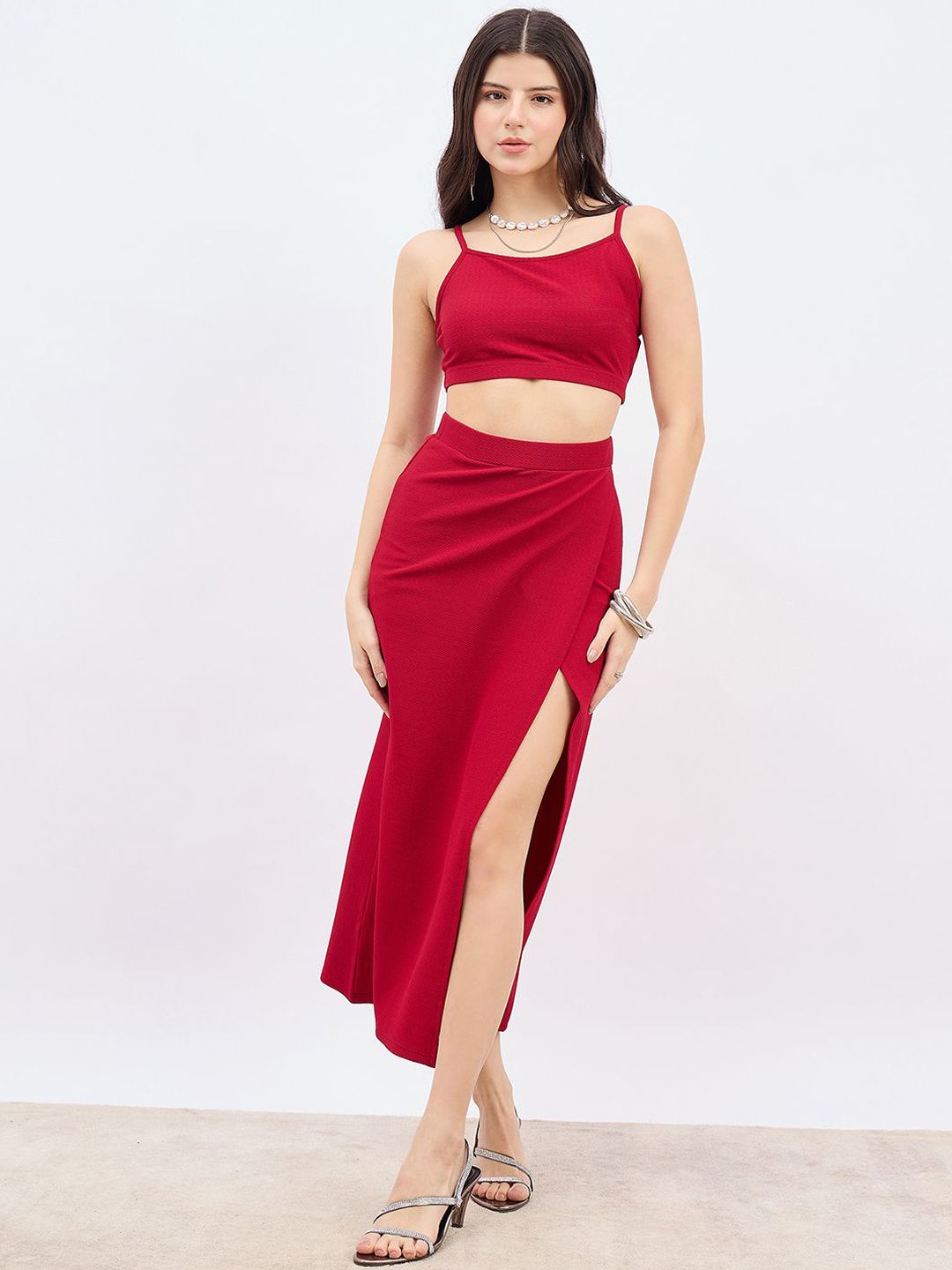 Berrylush Shoulder Straps Top With High Waist Split Thigh Skirt