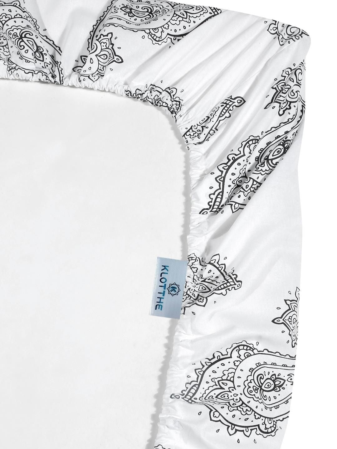 KLOTTHE White Ethnic Print Fitted 400TC Pure Cotton Super King Bedsheet & 4 Pillow Covers