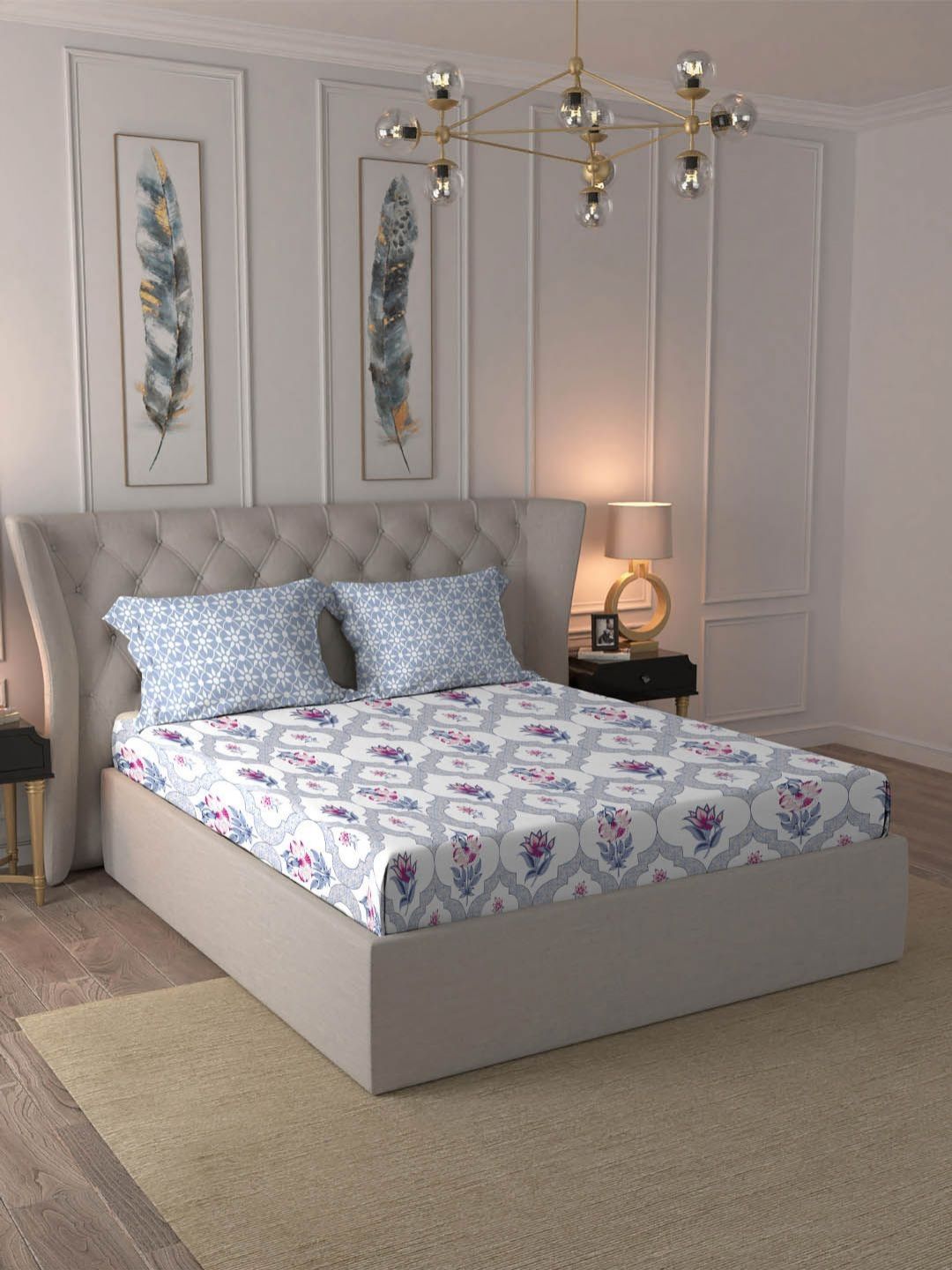 MYTRIDENT Blue Dusk & Dawn Flat 144TC Queen Cotton 1 Bedsheet with 2 Pillow Covers