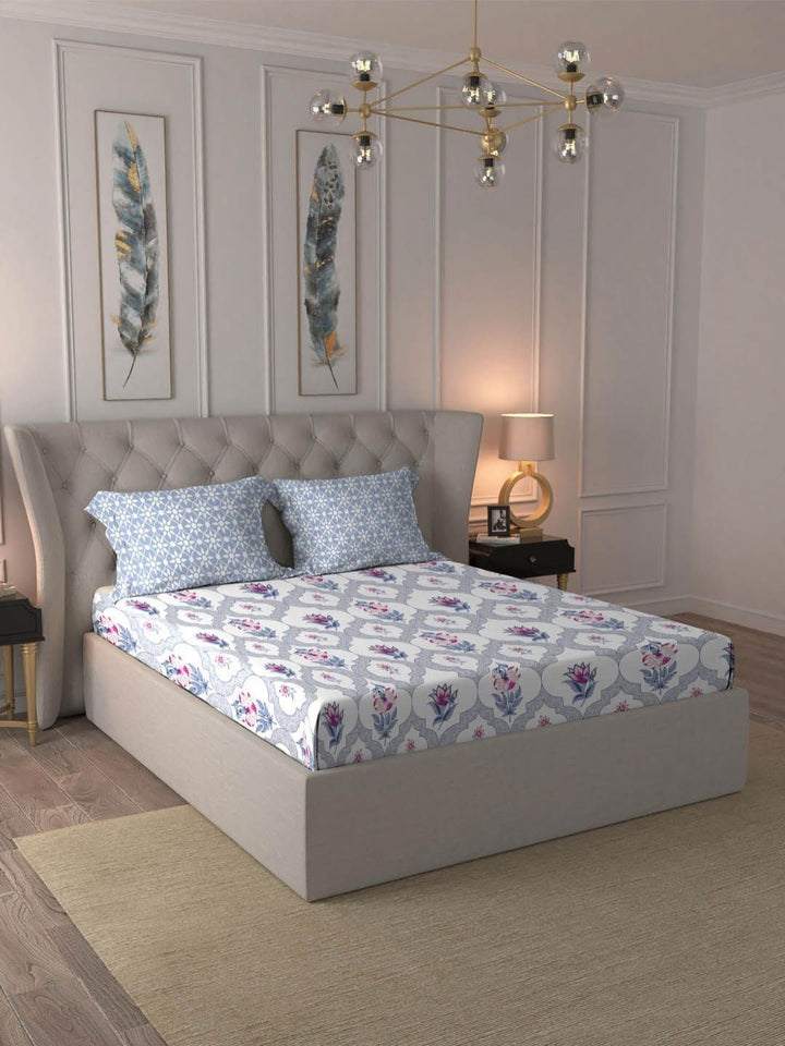 MYTRIDENT Blue Dusk & Dawn Flat 144TC Queen Cotton 1 Bedsheet with 2 Pillow Covers