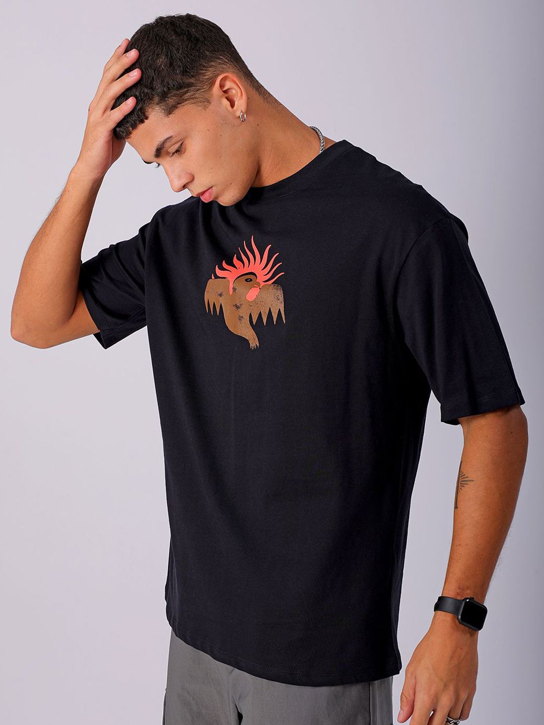 The Indian Garage Co Men Back Printed Boxy Oversized Round Neck T-shirt