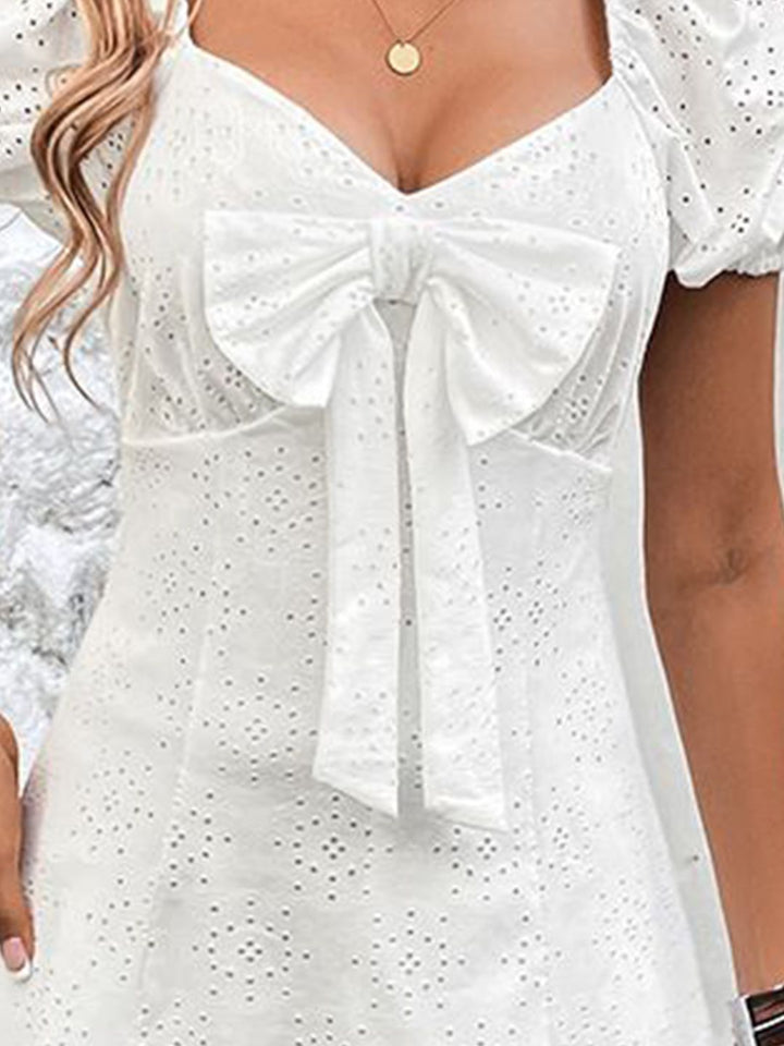 all about you Solid Bow V-Neck Puff Sleeves Above Knee A-Line Dress