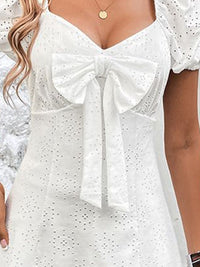 all about you Solid Bow V-Neck Puff Sleeves Above Knee A-Line Dress
