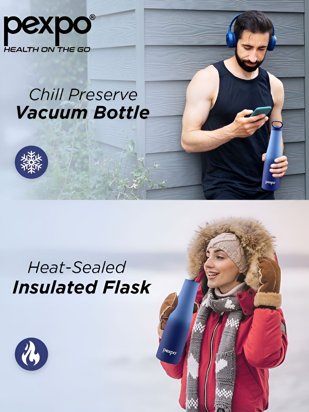 Pexpo Blue Single Stainless Steel Double Wall Vacuum Water Bottle-600 ml