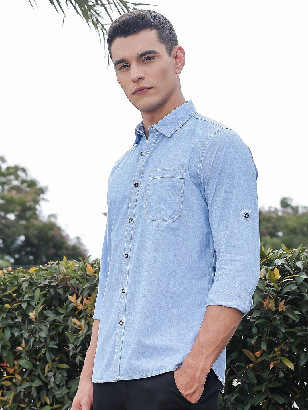 Thomas Scott Classic Slim Fit Spread Collar Roll-Up Sleeves Pure Cotton Casual Shirt