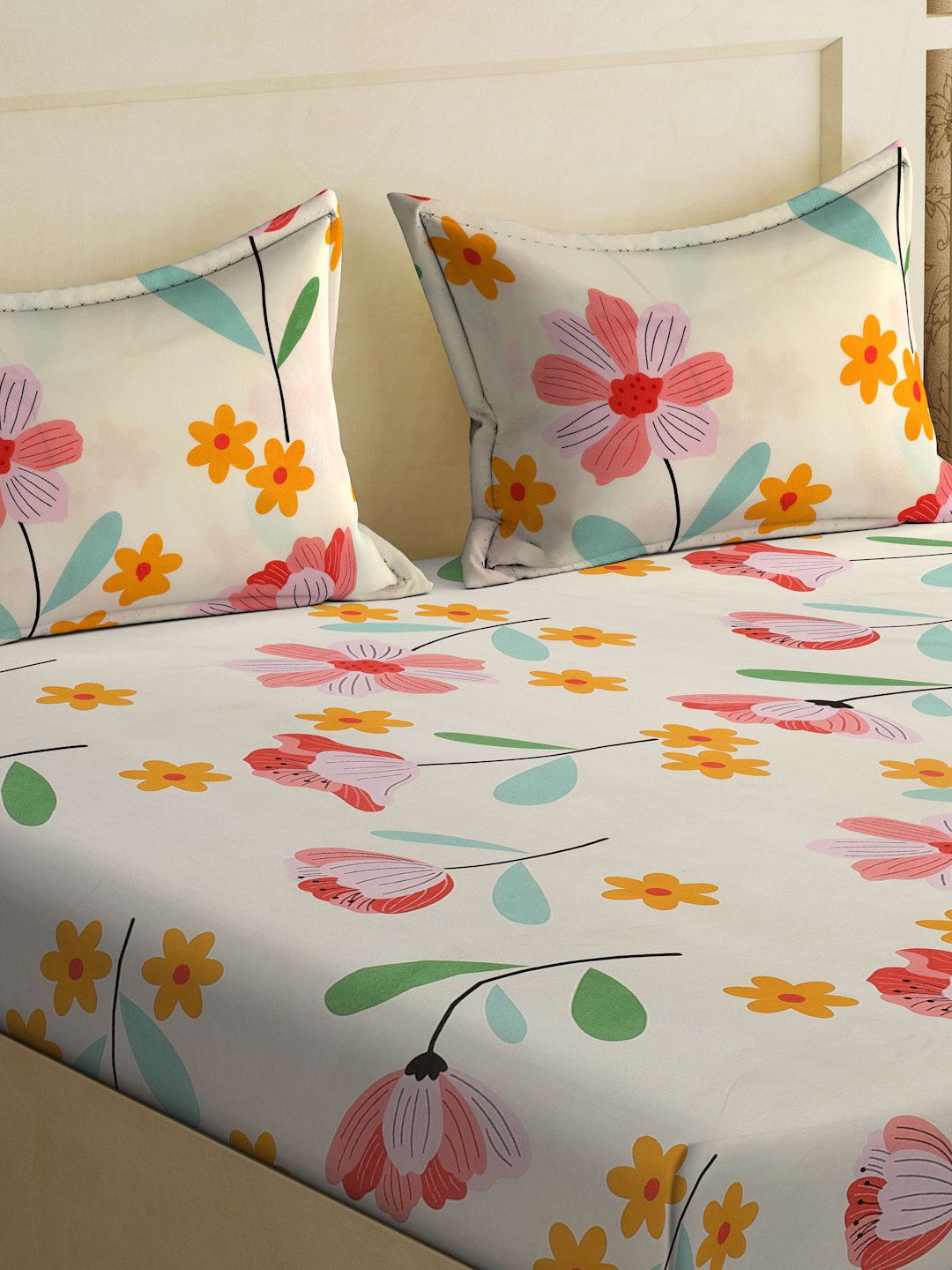 Myntra Elegant Homes Cream Floral 300 TC Fitted King Fine Bedsheet dengan 2 Sarung Bantal