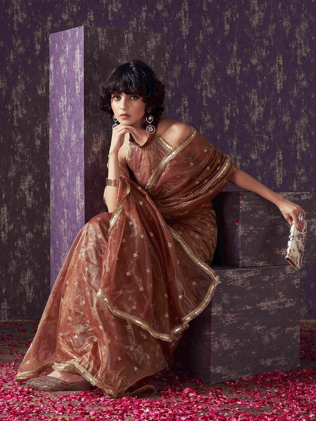 Tikhi Imli Embellished Sequinned  shimmer net saree with sequence embroidery