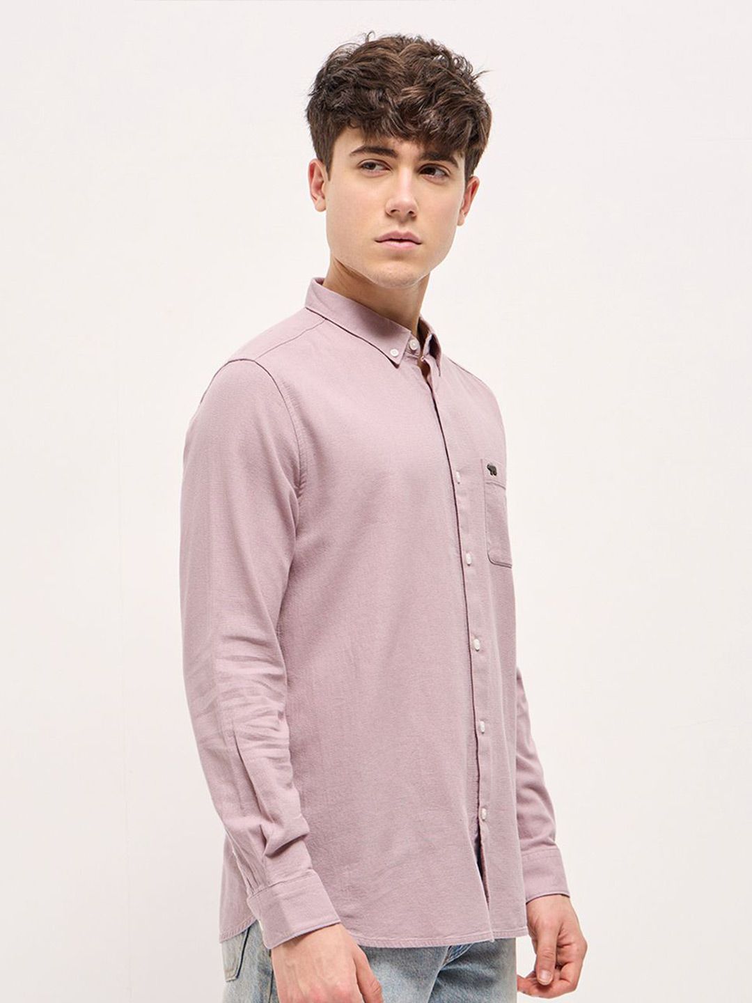 THE BEAR HOUSE Men Button-Down Collar Solid Slim Fit Cotton Shirt