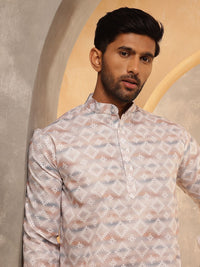 SOJANYA Geometric Printed Band Collar Cotton Linen Kurta Lurus