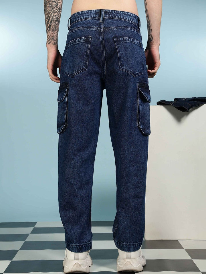 Eszett Men Washed Baggy-Fit Twin Pocket Mid-Rise Cargo Jeans