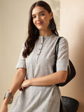 Anouk Grey Striped Woven Design Mandarin Collar Short Sleeves Pure Cotton Kurta