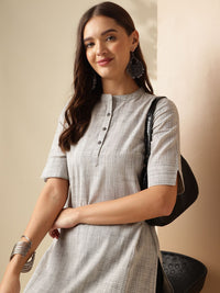 Anouk Grey Striped Woven Design Mandarin Collar Short Sleeves Pure Cotton Kurta