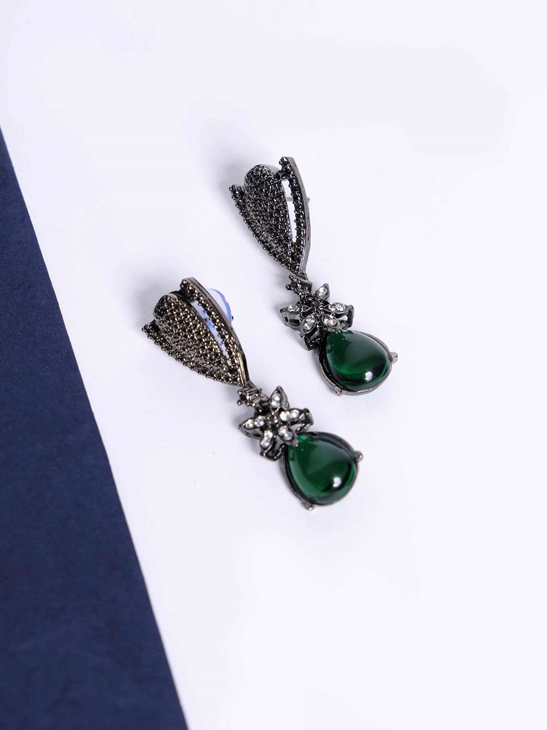 PANASH Silver-Plated Cubic Zirconia Studded Contemporary Drop Earrings