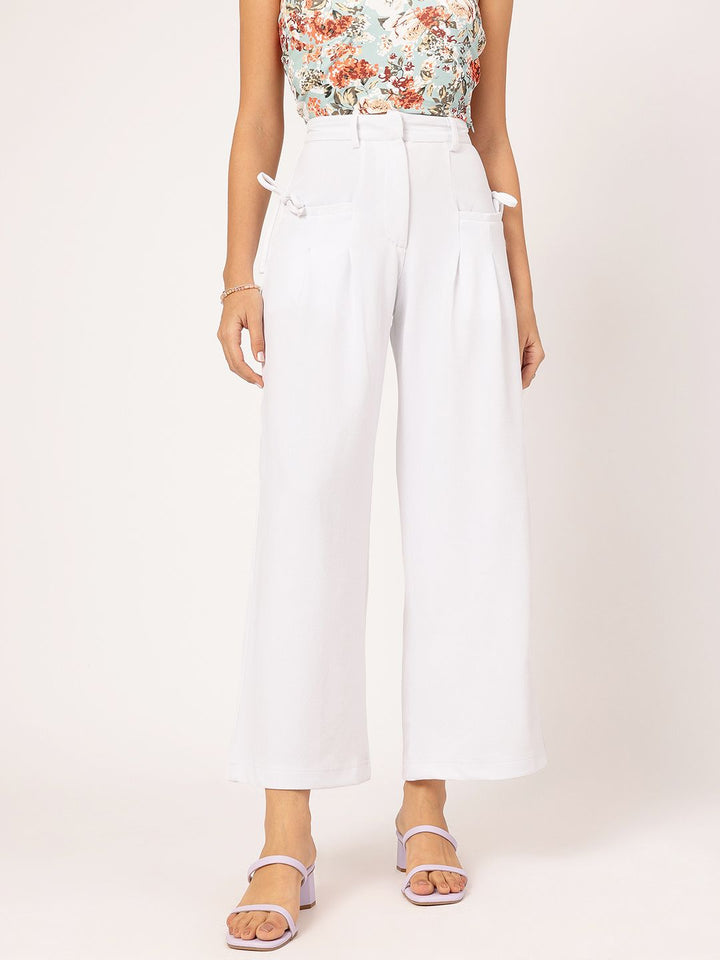 DressBerry Women Pleated Perfection Textured Bow Detail Flared Trousers