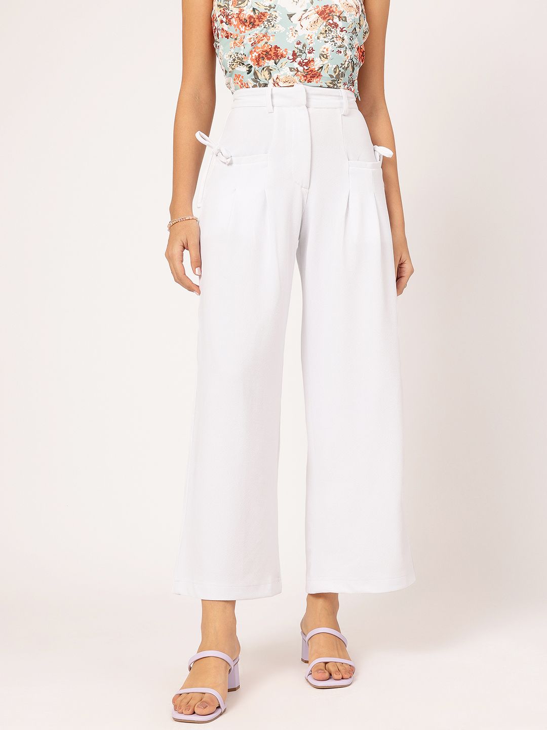 DressBerry Women Pleated Perfection Textured Bow Detail Flared Trousers