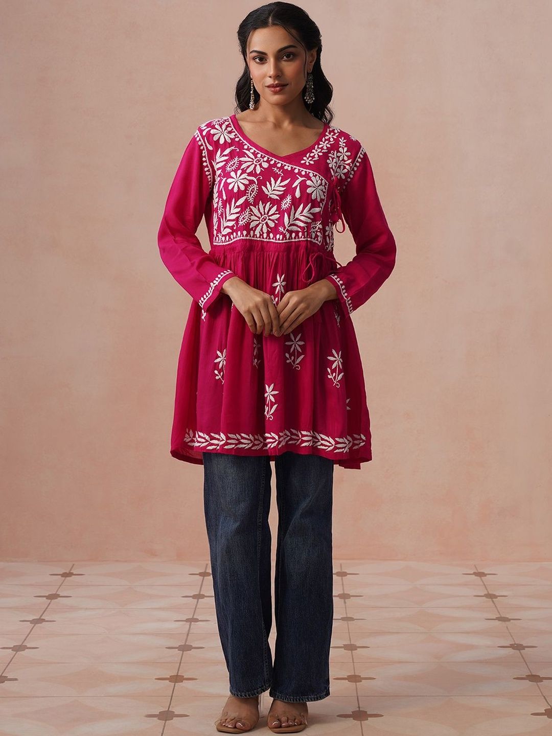Kurta Kerja Benang Sulam Bunga Rumah Wanita Chikankari