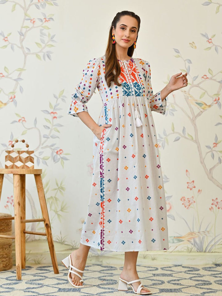 Rustorange Women Ethnic Motif Print Round Neck A-Line Cotton Midi Dress
