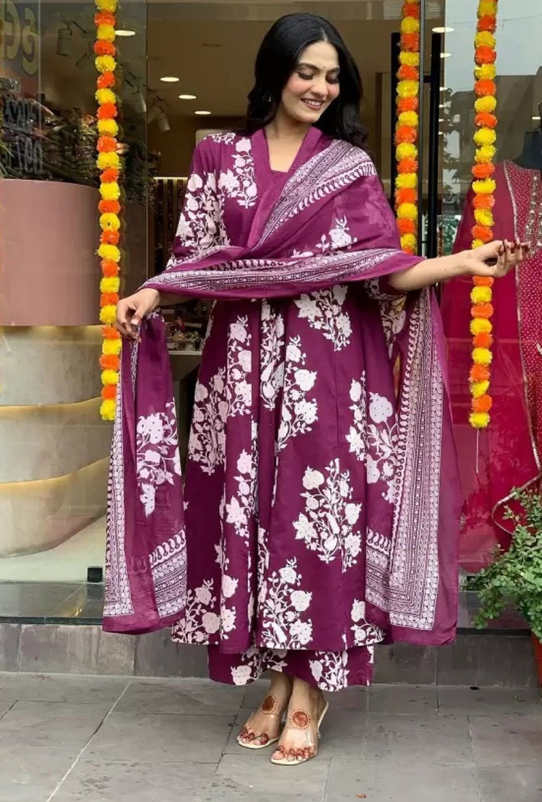 KALINI Floral Printed Pleated V-Neck A-Line Kurta With Palazzos And Dupatta